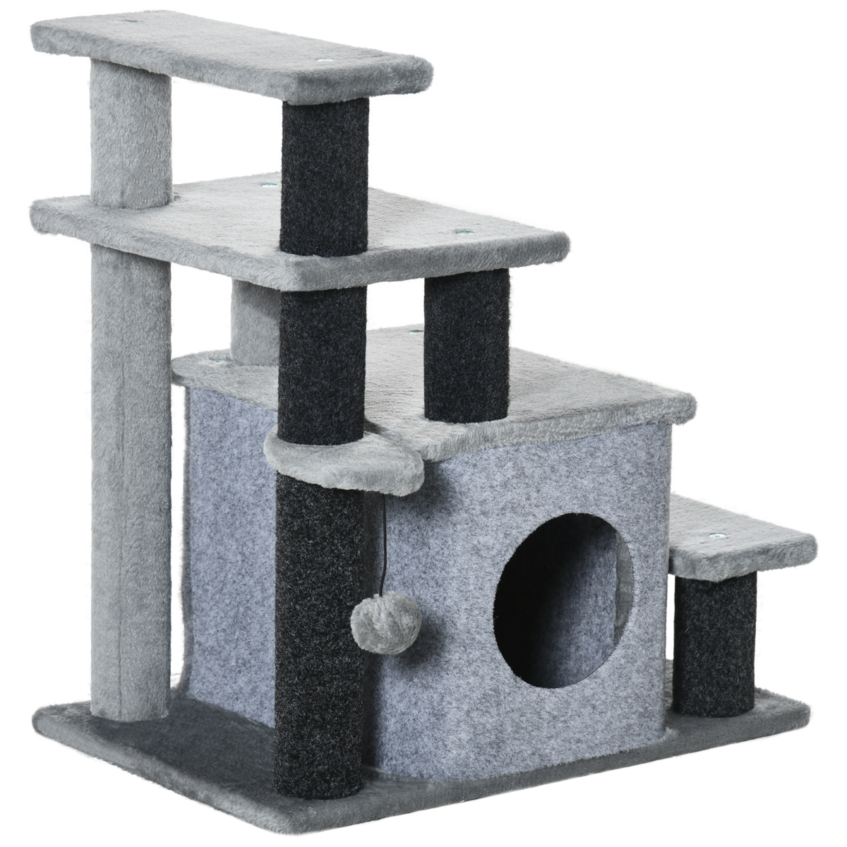 Pawhut Cat Steps for Bed & Sofa with Cat House, Hanging Ball & Adjustable 3 or 4 Steps – Pet Stairs, Grey