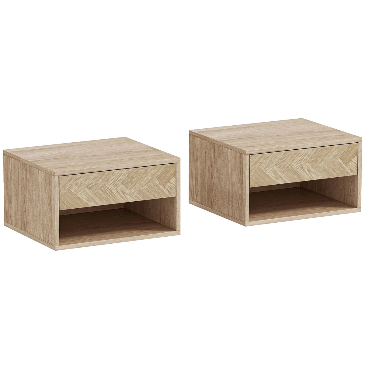 HOMCOM Set of 2 Floating Bedside Tables with Drawer and Open Shelf – Natural Wood Finish