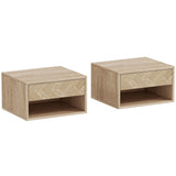 HOMCOM Set of 2 Floating Bedside Tables with Drawer and Open Shelf – Natural Wood Finish