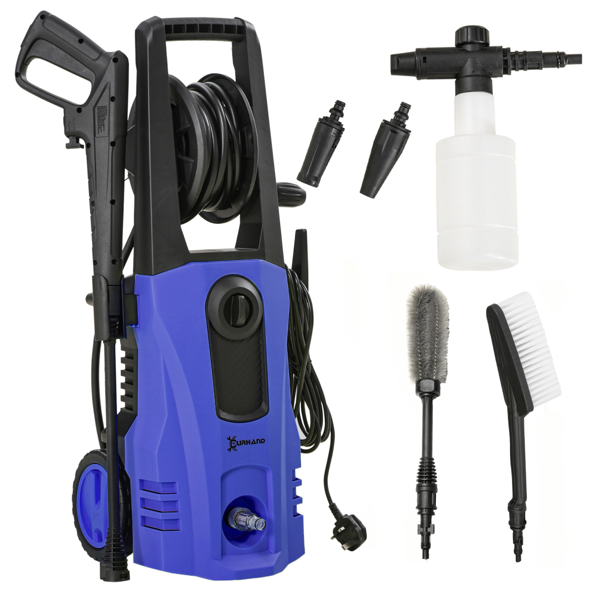 DURHAND 1800W Portable Pressure Washer, 150 Bar Max with Snow Foam Bottle & 6m Hose – Blue