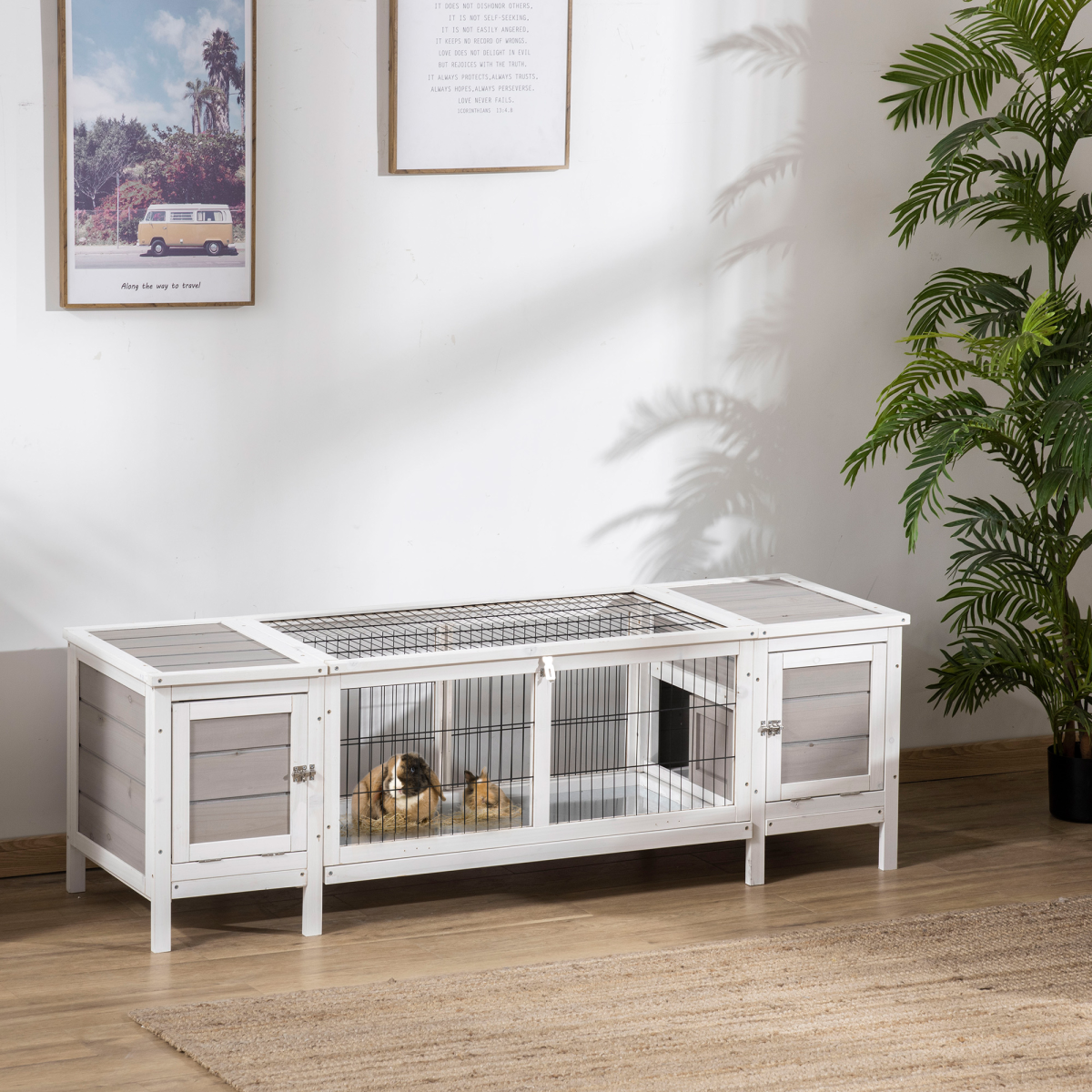 Indoor Wooden Rabbit Hutch with Run, Removable Divider & Slide-Out Tray – Small Animal Cage, White & Grey