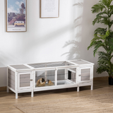 Indoor Wooden Rabbit Hutch with Run, Removable Divider & Slide-Out Tray – Small Animal Cage, White & Grey