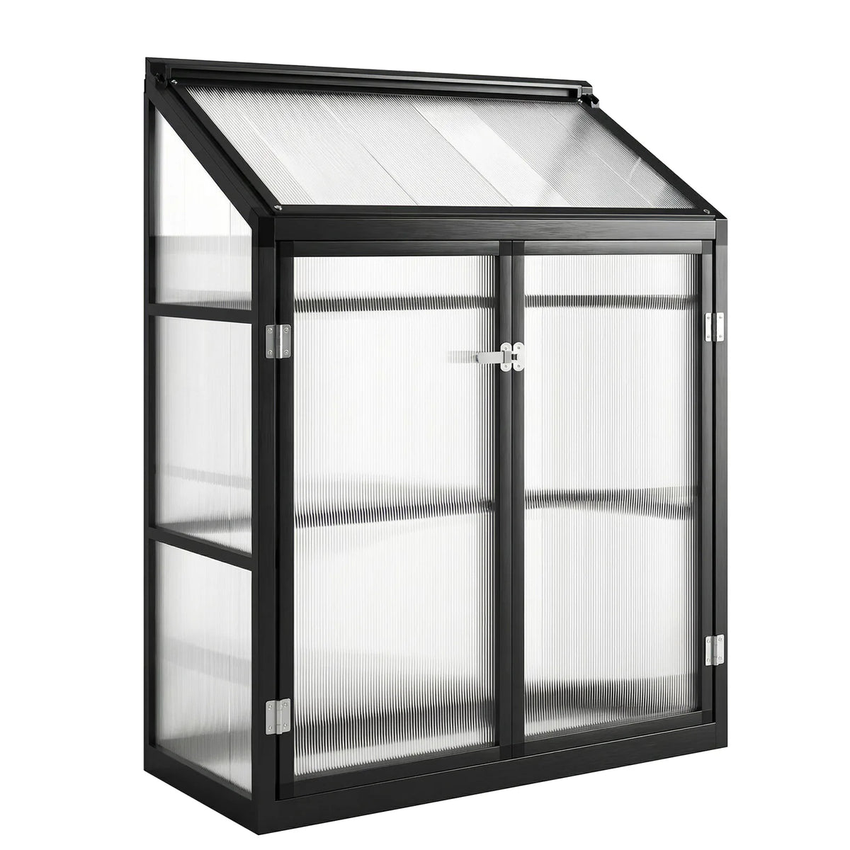 Outsunny Lean-to Polycarbonate Greenhouse 4 x 2ft with 2 Hinged Doors & Top Vent, Aluminium Frame, Black