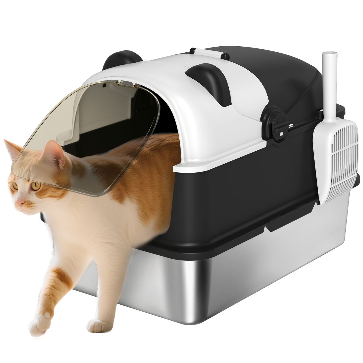 PawHut XL Stainless Steel Cat Litter Box with Flip-Top Lid and Scoop – Enclosed Panda-Style Tray, Black