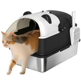 PawHut XL Stainless Steel Cat Litter Box with Flip-Top Lid and Scoop – Enclosed Panda-Style Tray, Black