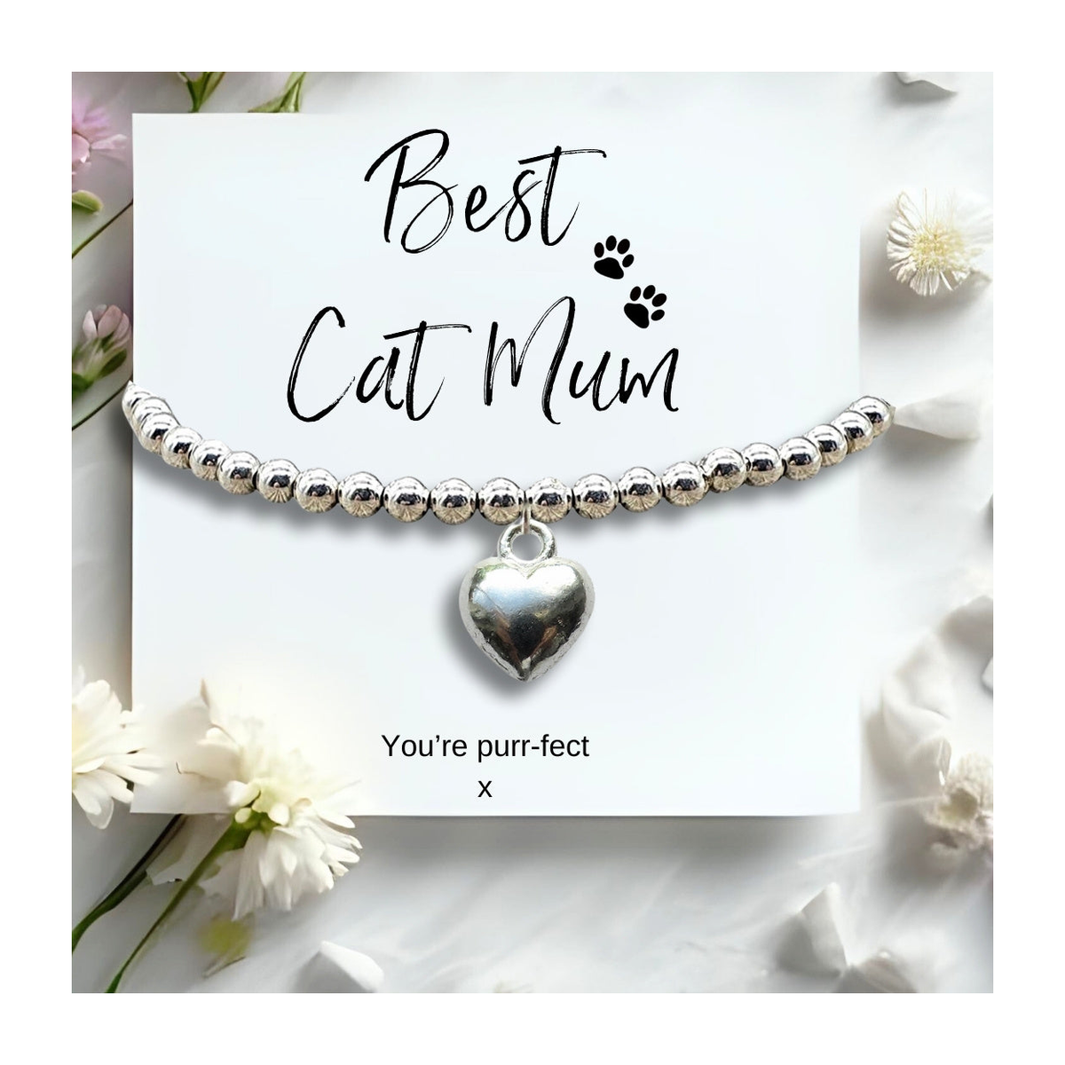 Aye Do Gifts Best Cat Mum Silver-Plated Heart Bracelet with Gift Card – Stretch Beaded Jewellery