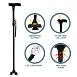 Folding Walking Stick with LED Light & Alarm, 5-Level Adjustable Height – Camping & Hiking Cane with 4-Foot Base