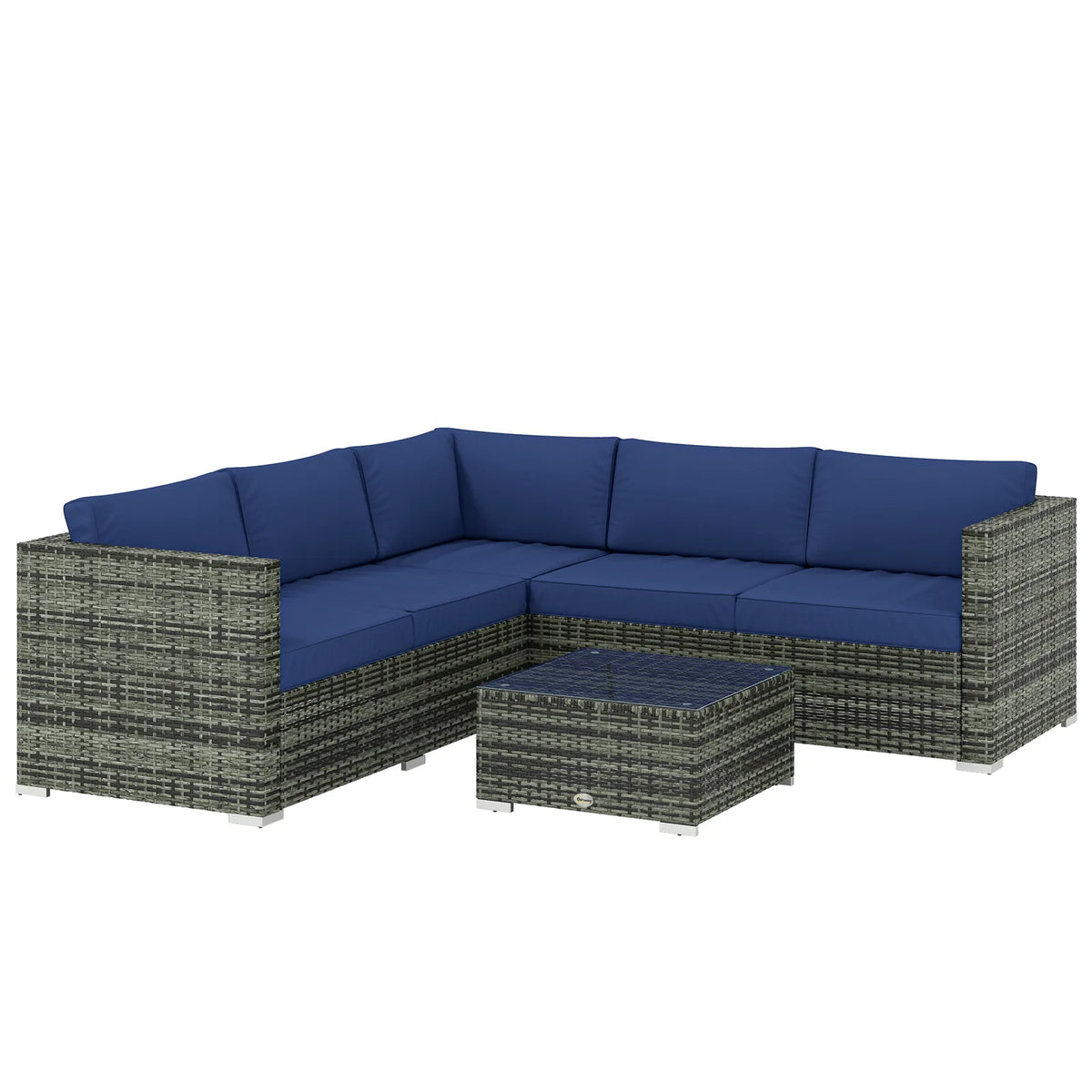 Outsunny 4 Piece Rattan Garden Corner Sofa Set with Glass-Top Coffee Table & Cushions, Blue