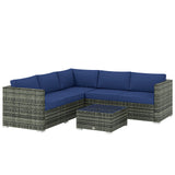 Outsunny 4 Piece Rattan Garden Corner Sofa Set with Glass-Top Coffee Table & Cushions, Blue