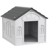 PawHut Weather-Resistant Dog House with Cottage Windows – Puppy Shelter for Medium Dogs up to 20kg, Grey