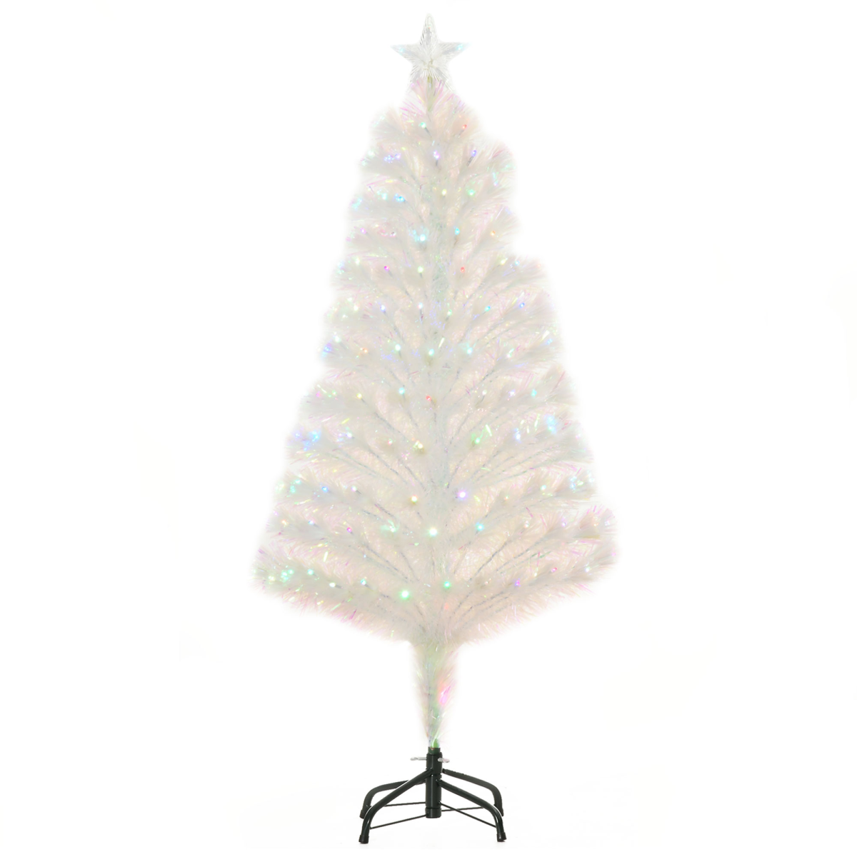 HOMCOM 4ft Pre-Lit Artificial Christmas Tree with Multi-Coloured Fibre Optic and LED Lights – Foldable, White
