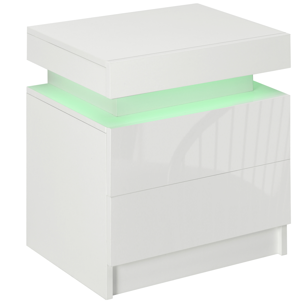 HOMCOM White High Gloss Bedside Table with LED Light Strip and 2 Drawers – Bedroom Nightstand with Storage