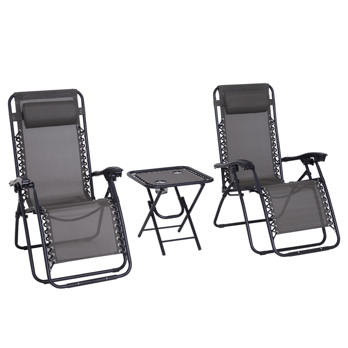 Outsunny 3-Piece Zero Gravity Sun Lounger Set with Side Table and Cup Holders – Foldable Recliners, Dark Grey