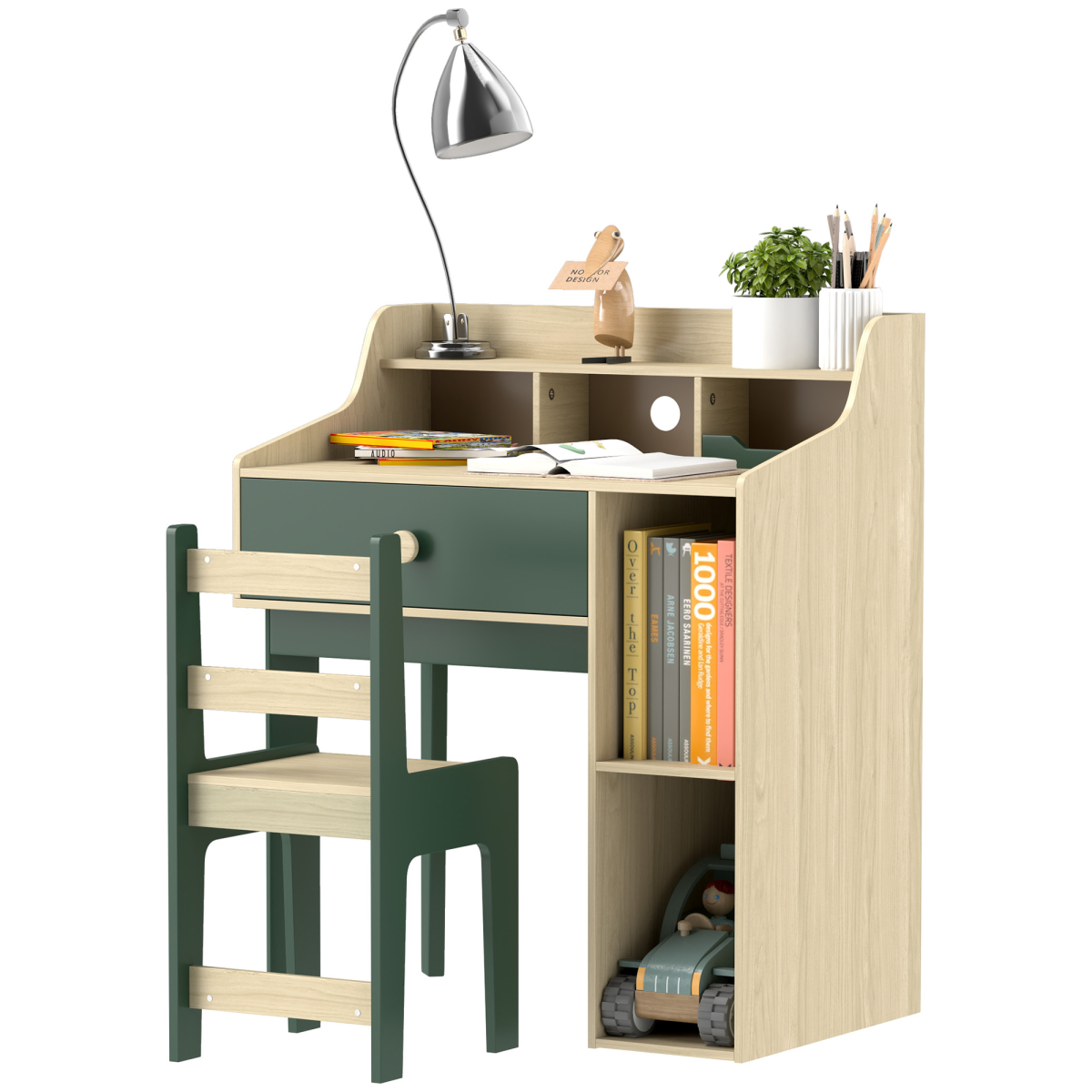 AIYAPLAY Kids Desk and Chair Set with Storage Shelves, Drawer & Storage Grids – Study Set for Ages 3–10, Green