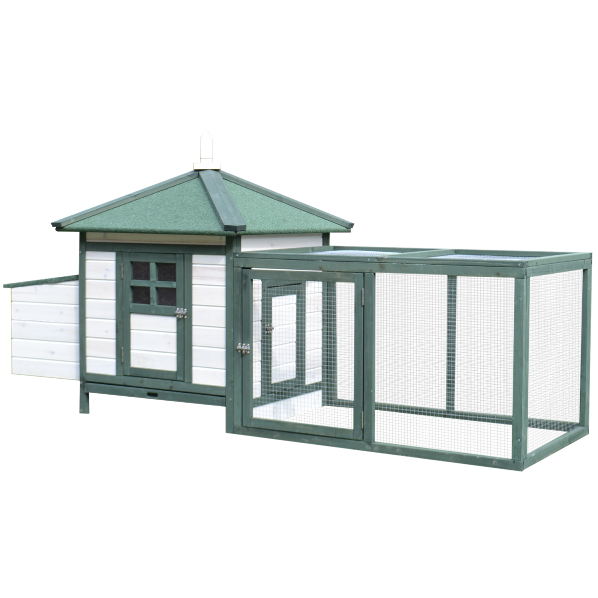 PawHut Wooden Chicken Coop with Nesting Box, Outdoor Run & Removable Tray – Elevated Poultry House, Green