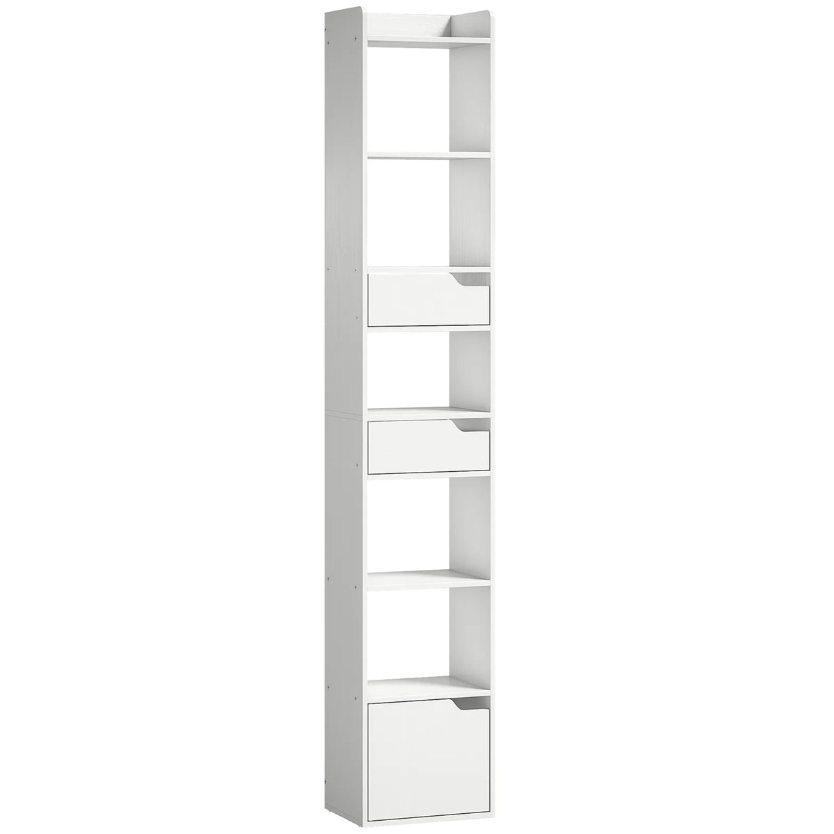 HOMCOM Tall Narrow Bookcase with Drawers and Bottom Cabinet – Freestanding Living Room Storage, White Wood Effect