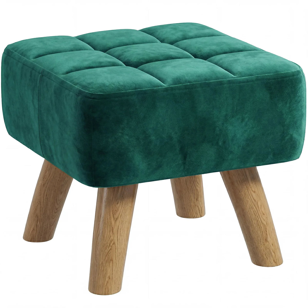 HOMCOM Velvet Square Padded Footstool with Wooden Legs – Leg Rest & Vanity Stool, Dark Green