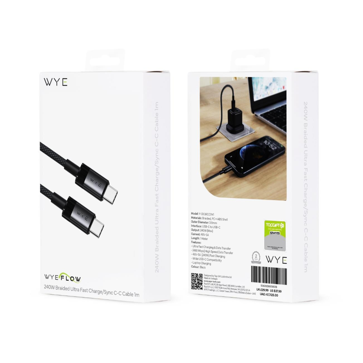 WYE 240W Braided USB-C to USB-C Fast Charge & Data Cable, 1m – Laptop Charging, Black