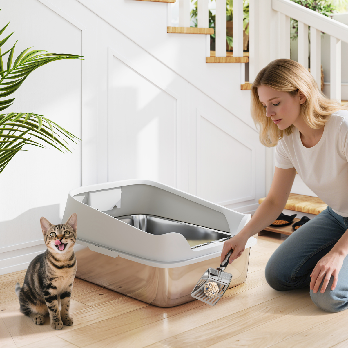 XXL Stainless Steel Cat Litter Box with Scoop, 14.8cm High Sides – Large Litter Tray for Cats up to 12kg & Multi-Cat Homes, Grey