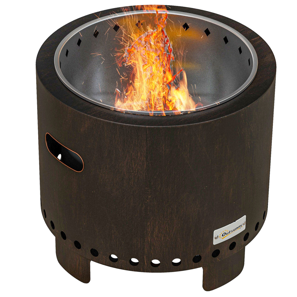 Outsunny 45cm Smokeless Wood Burning Fire Pit – Secondary Combustion Metal Firepit with Poker, Black