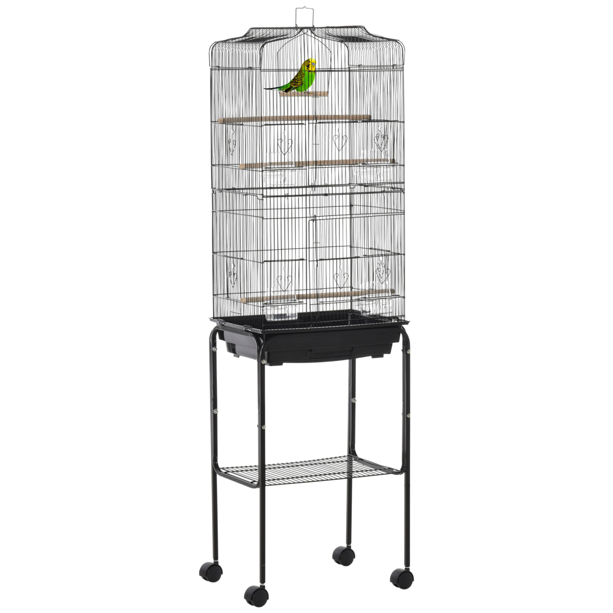 Pawhut Metal Budgie Bird Cage with Rolling Stand, Slide-out Tray and Storage Basket – Small Bird Cage, Black