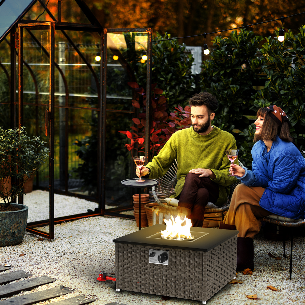 Rattan Gas Fire Pit Table with 13kW Burner, Pulse Ignition & Lid – Outdoor Patio Coffee Table Heater, Grey