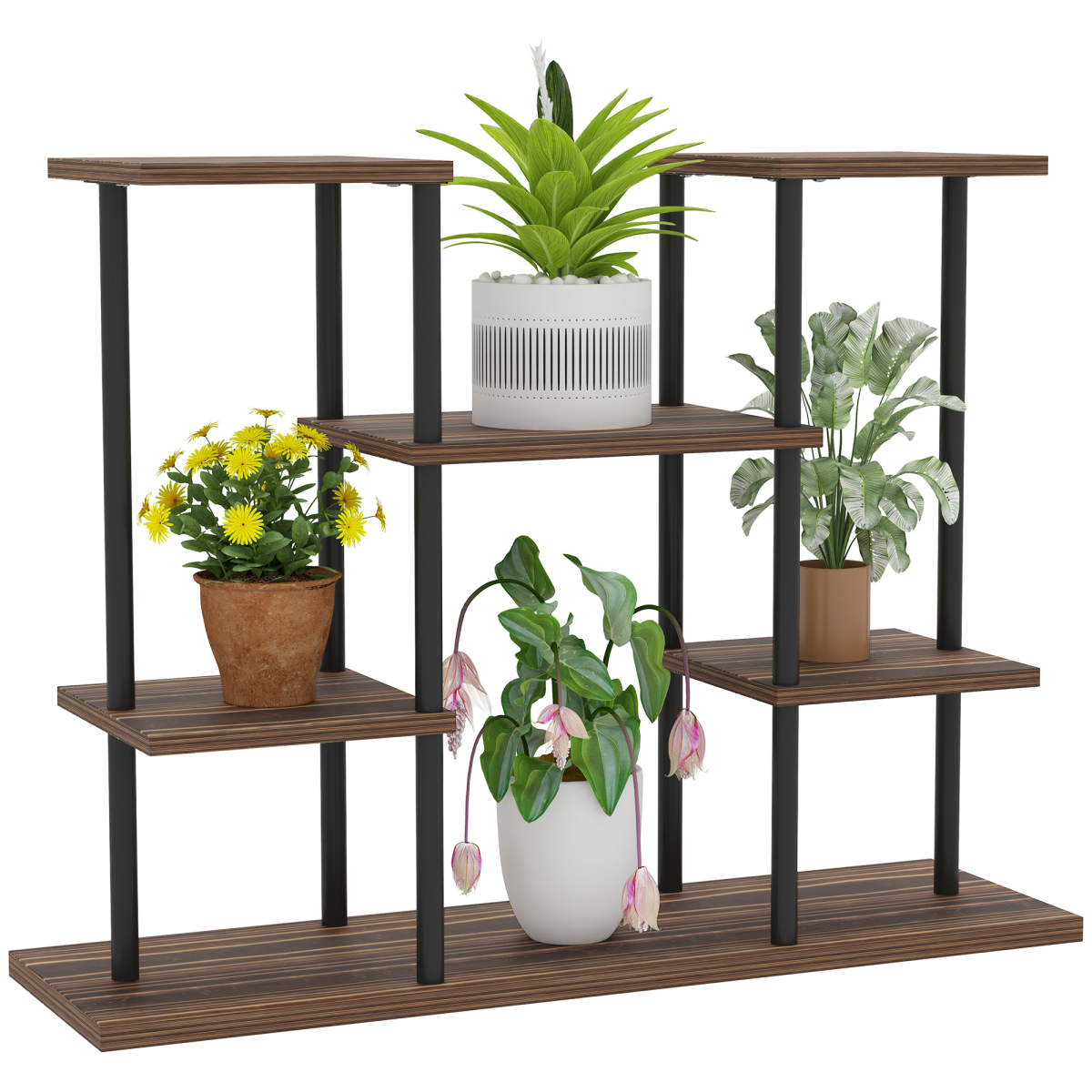 Outsunny 4 Tier Metal Flower Shelf Display Rack with Wooden Shelves – Plant Stand, Black Carbonised Finish