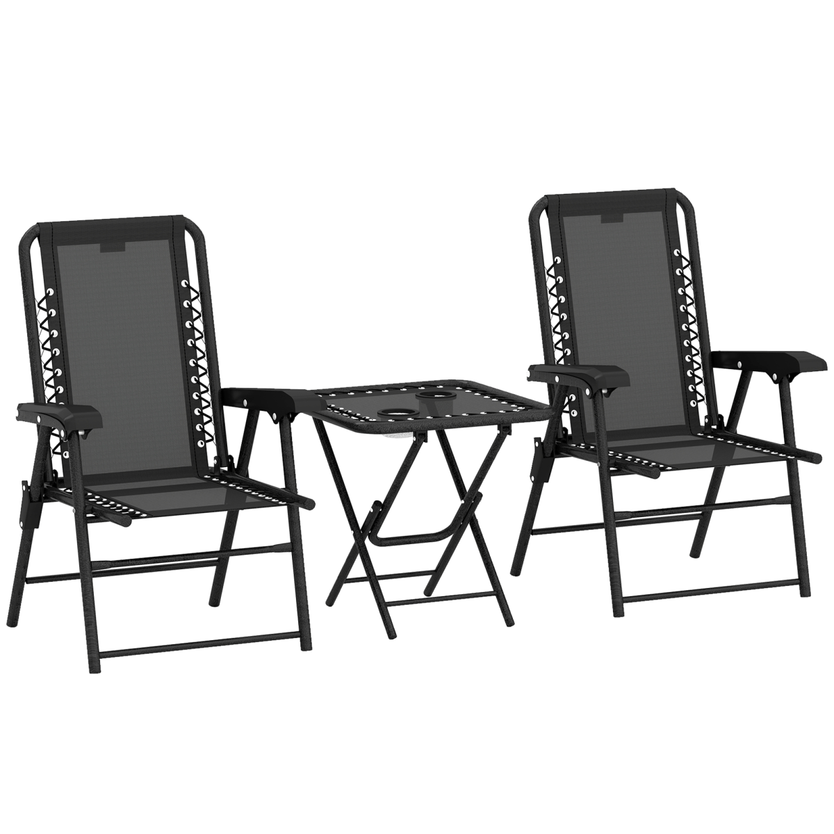 Outsunny 3 Piece Folding Garden Bistro Set with 2 Chairs, Table & Cup Holders – Texteline Seats, Black