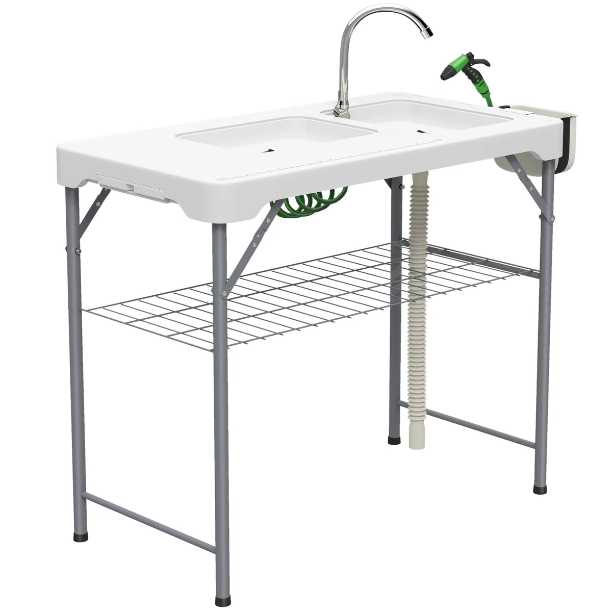 Outsunny Folding Fish Cleaning Table with Two Sinks, Faucet & Drainage Hoses – Portable Camping Sink Table