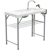 Outsunny Folding Fish Cleaning Table with Two Sinks, Faucet & Drainage Hoses – Portable Camping Sink Table