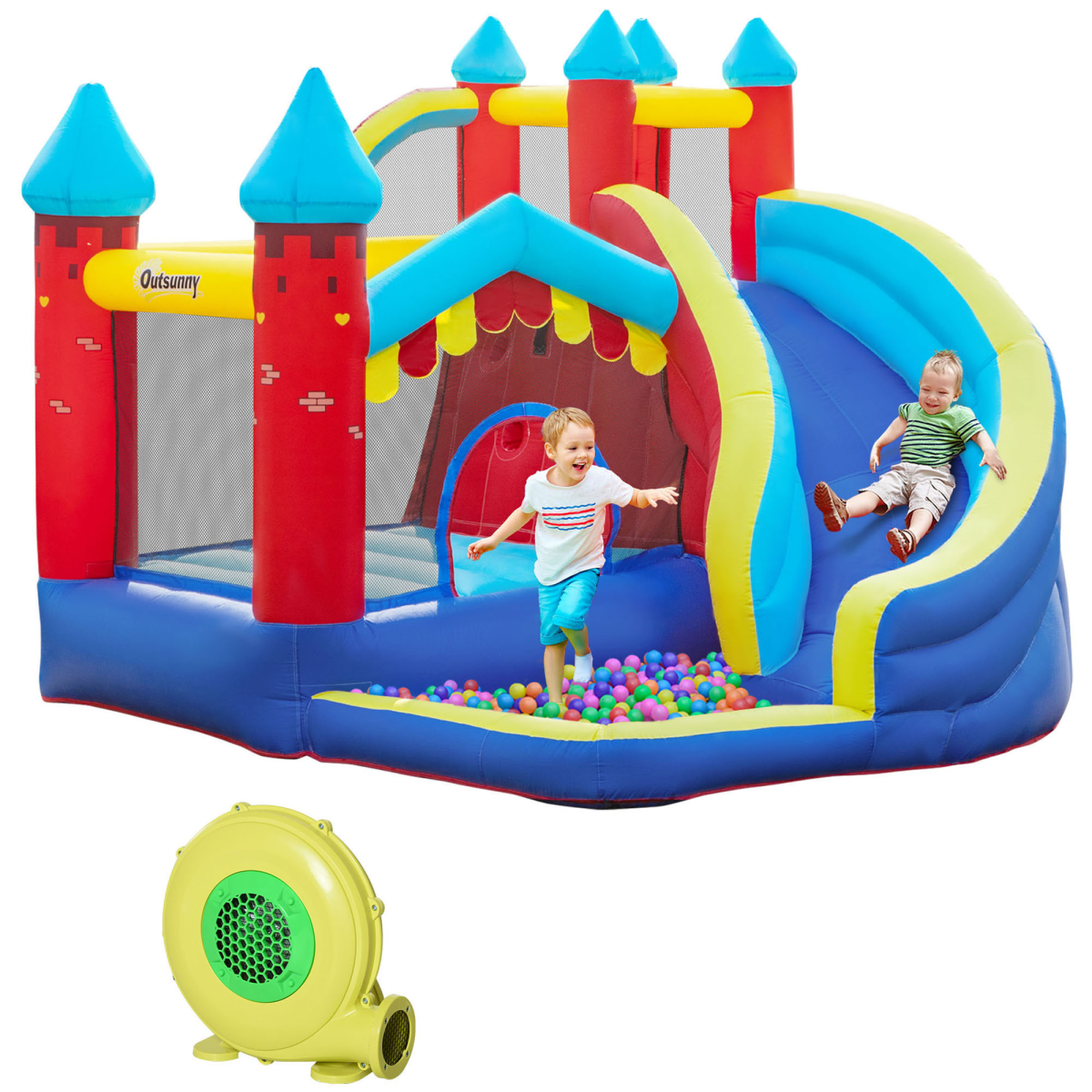 Kids Inflatable Bouncy Castle with Slide, Pool, Trampoline, Climbing Wall & Blower – Outdoor Play, Ages 3-8