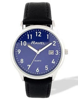 Ravel Men's Silver-Tone Dated Watch with Blue Dial and Black Faux Leather Strap