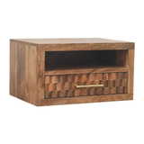Artisan Furniture Solid Wood Arno Wall-Mounted Nightstand with Carved Drawer and Open Shelf – Golden Teak