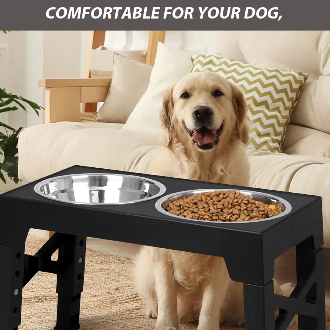 Large Dog Raised Double Bowl Feeding Station with Stainless Steel Bowls – 5 Height Settings, Foldable Legs, Black
