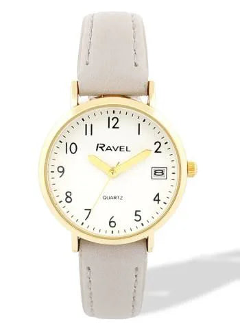 Ravel Ladies Gold-Tone Dated Watch with White Dial and Grey Faux Leather Strap
