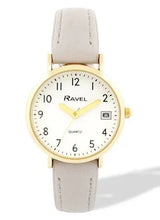 Ravel Ladies Gold-Tone Dated Watch with White Dial and Grey Faux Leather Strap