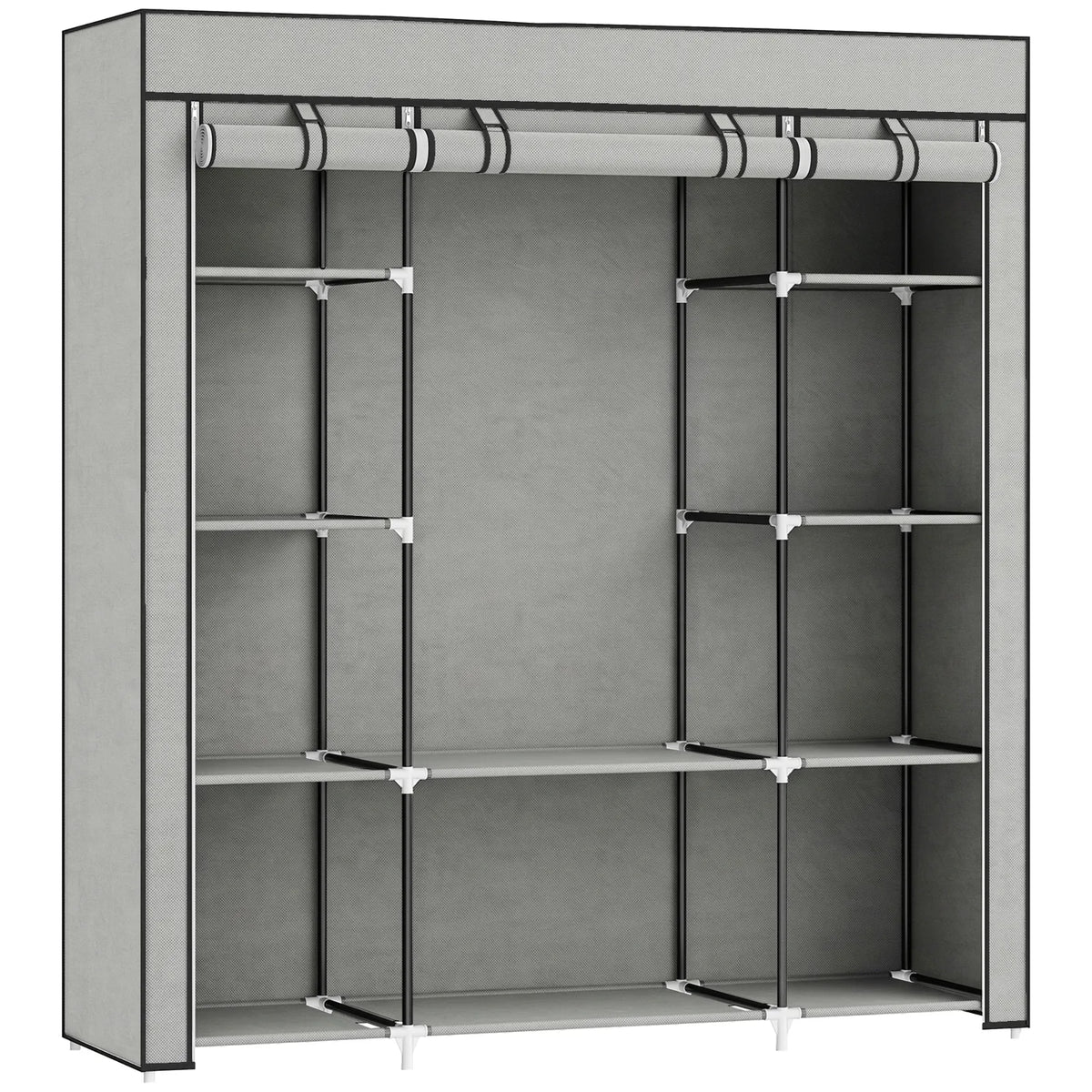 HOMCOM Foldable Wardrobe with 10 Shelves and Hanging Rail – Portable Fabric Clothes Organiser, Light Grey