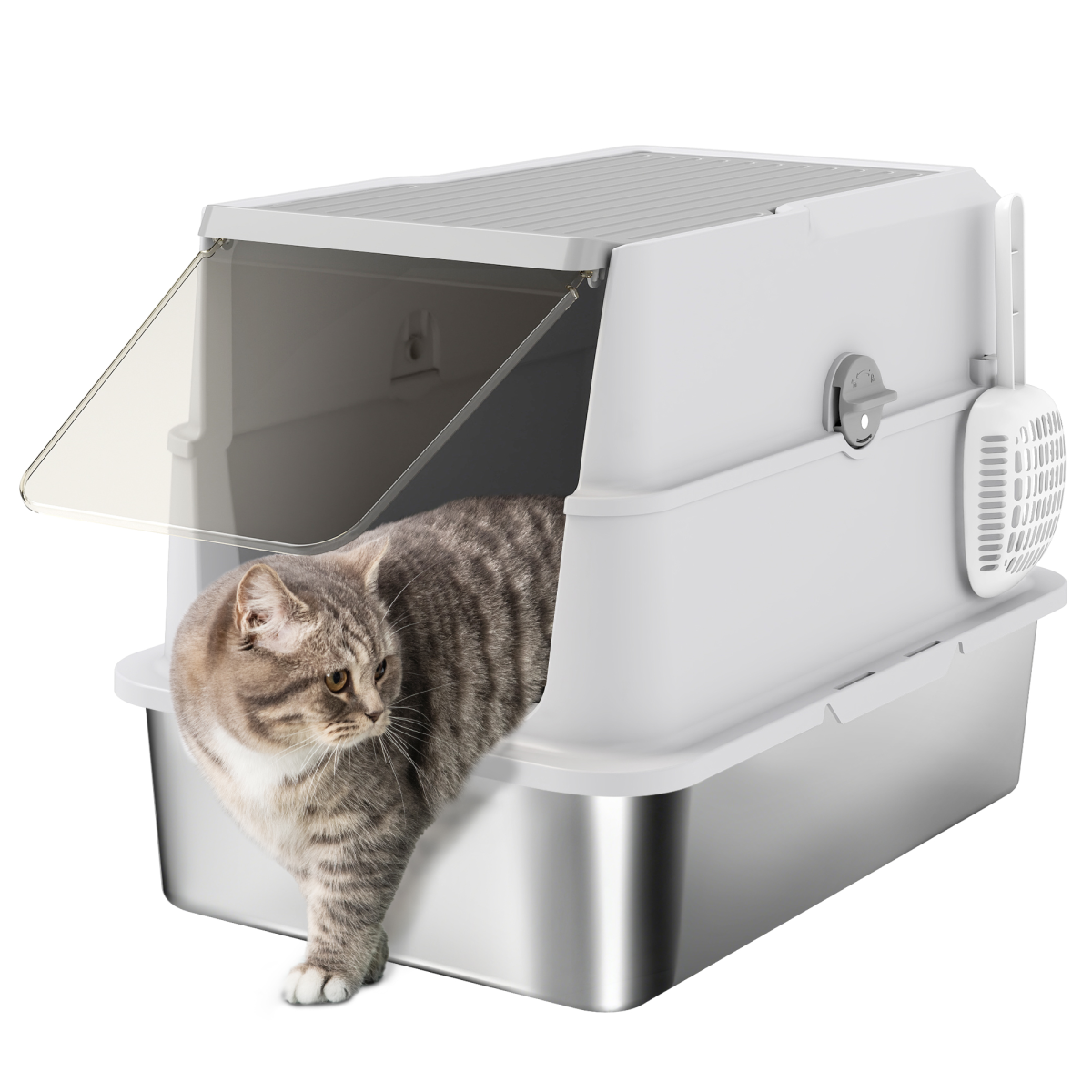 PawHut Extra Large Enclosed Stainless Steel Cat Litter Tray with Scoop and Flip Top Lid – Odour-Resistant Litter Box