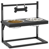 PawHut Raised Dog Bowl Stand with Two Stainless Steel Bowls – Adjustable Height Feeder, Black