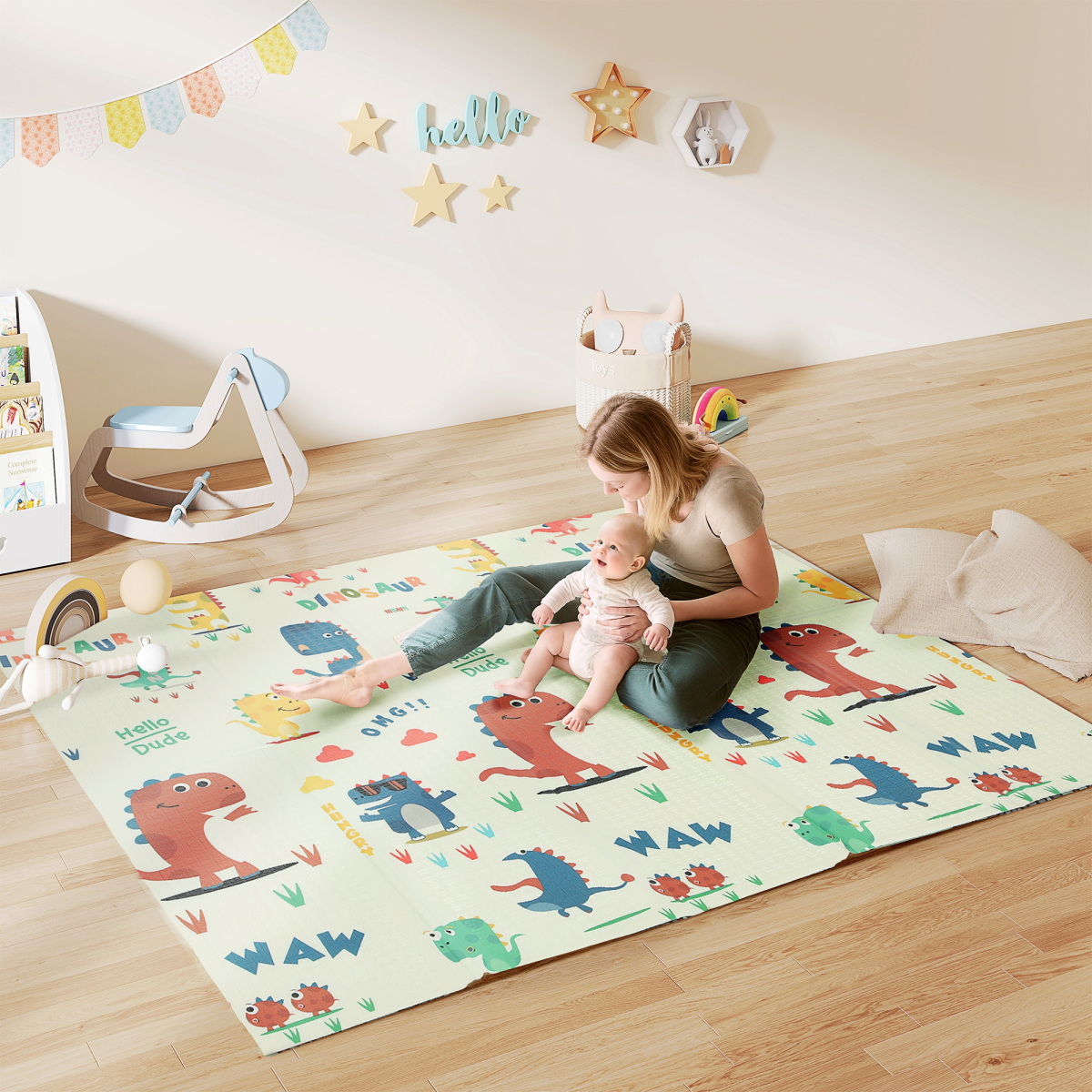 Foldable Baby Play Mat – Reversible Dinosaur Foam Crawling Mat, 196 x 176 cm