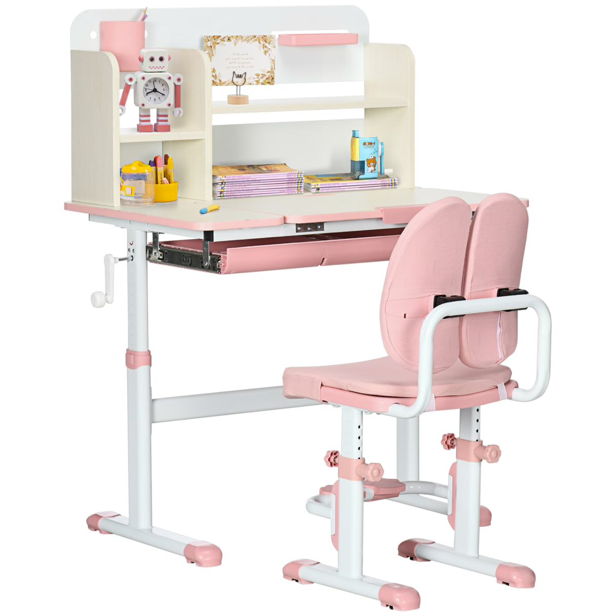 HOMCOM Kids Desk and Chair Set with Adjustable Height, Storage Drawer & Washable Seat Cover – Study Set, Pink