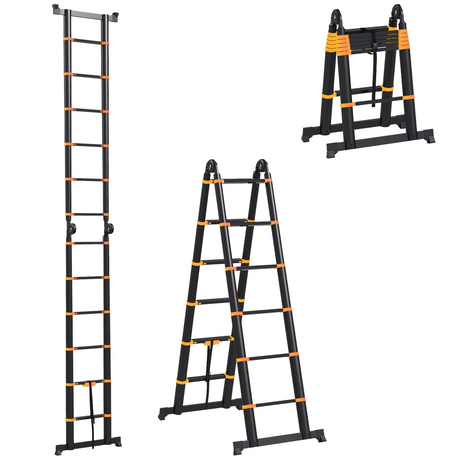 HOMCOM yellow 3.8m aluminium duo ladder with tool holder