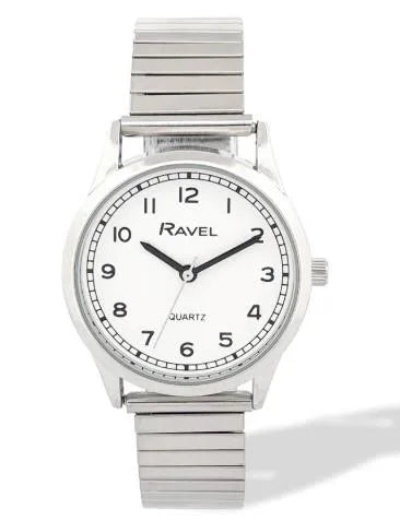 Ravel Ladies Easy Read White Dial Watch with Minute Track and Silver Stainless Steel Expander Bracelet, 27mm