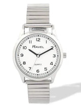 Ravel Ladies Easy Read White Dial Watch with Minute Track and Silver Stainless Steel Expander Bracelet, 27mm