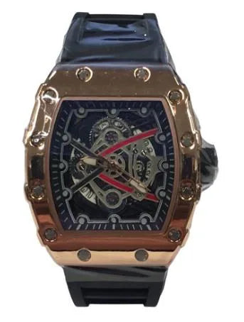 Longbo Gents Rose Screw Fashion Quartz Watch with Skeleton Clear Dial – Black Rubber Strap