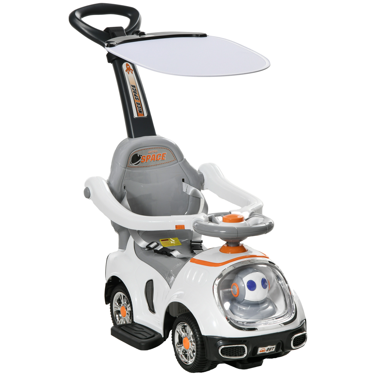 AIYAPLAY 3 in 1 Ride-On Push Car with Parent Handle & Canopy – Robot Foot to Floor Slider, 12-36 Months, White