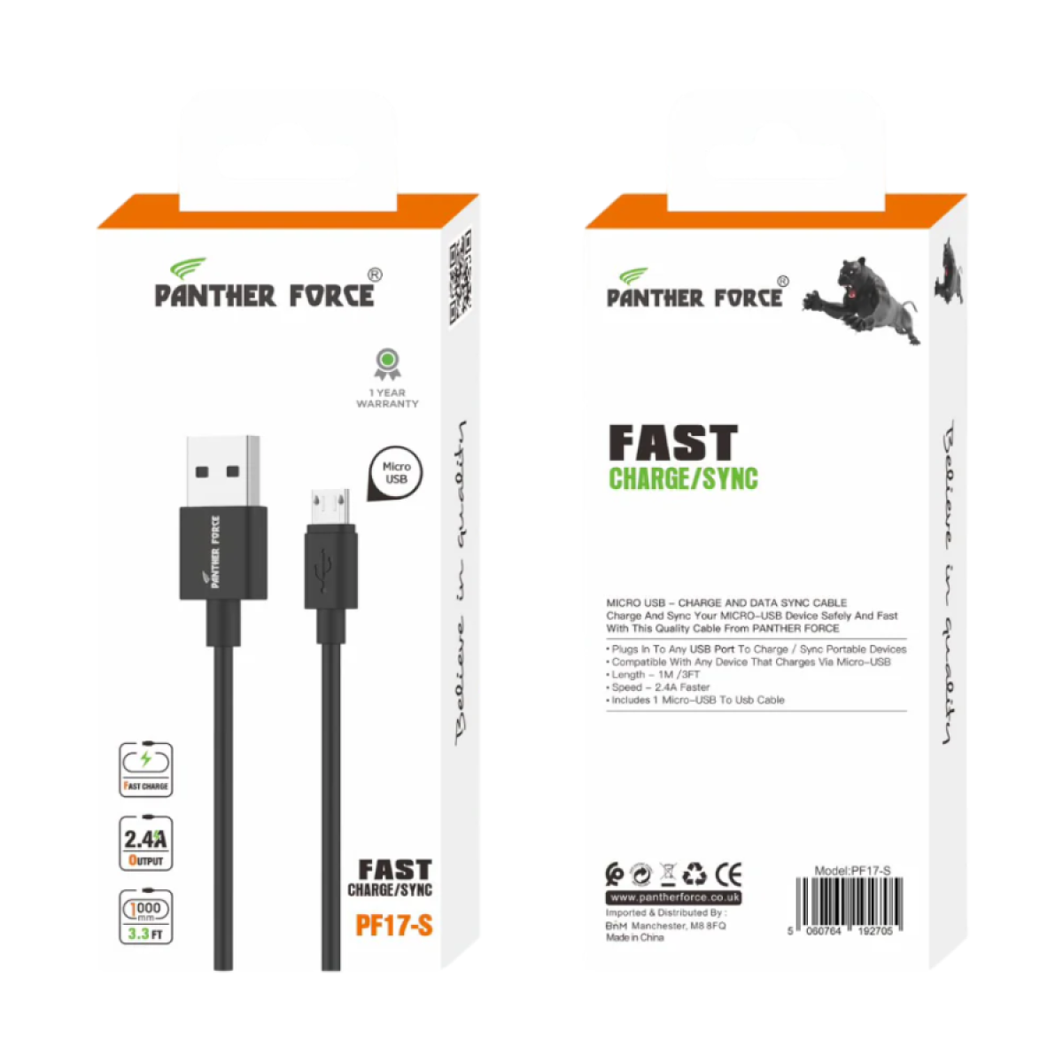 Panther Force Fast Charge & Sync Micro USB Cable – High-Speed Data Transfer, 1M