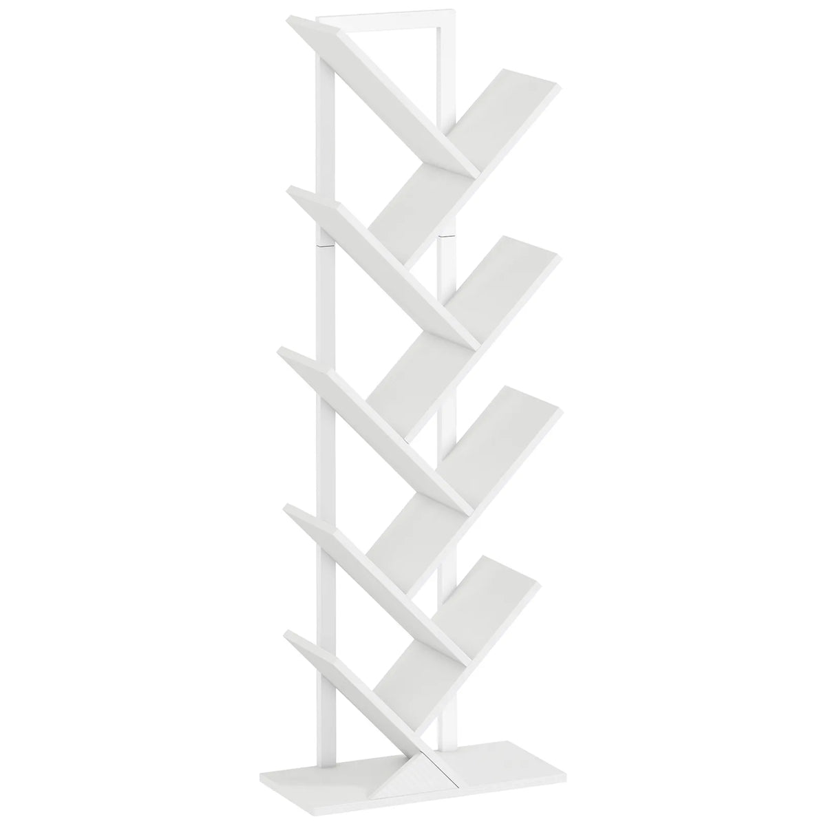 HOMCOM 9-Tier Tree Bookshelf with Steel Frame – Industrial Free Standing Bookcase for Books & Display, White