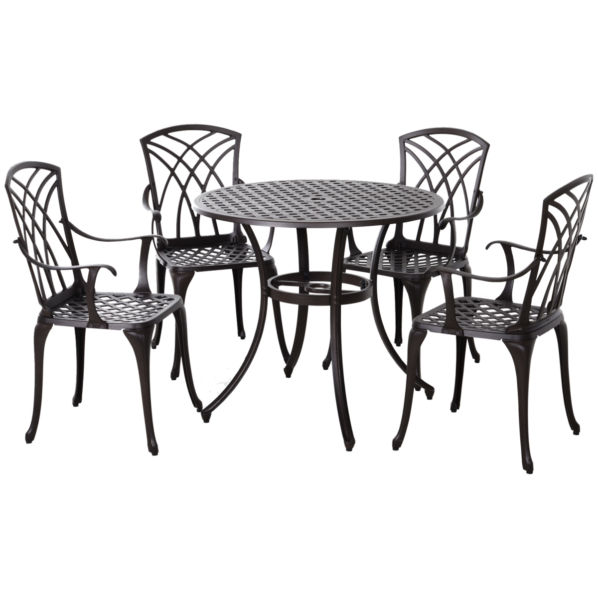Outsunny Cast Aluminium 4-Seater Garden Bistro Set with Parasol Hole Table – Five-Piece Outdoor Dining, Brown