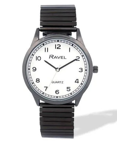 Ravel Men's Easy Read White Dial Watch with Minute Track and Black Stainless Steel Expander Bracelet, 36mm